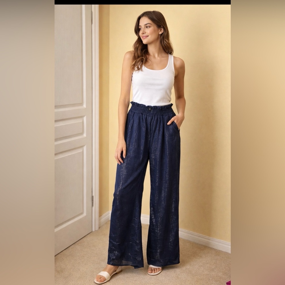 New with tags boomchic Navy with silver metallic shimmer palazzo pants